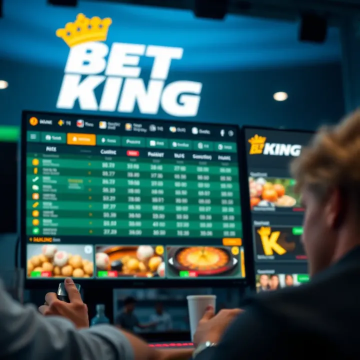 Modern office setup featuring BetKing branding and digital sports betting displays